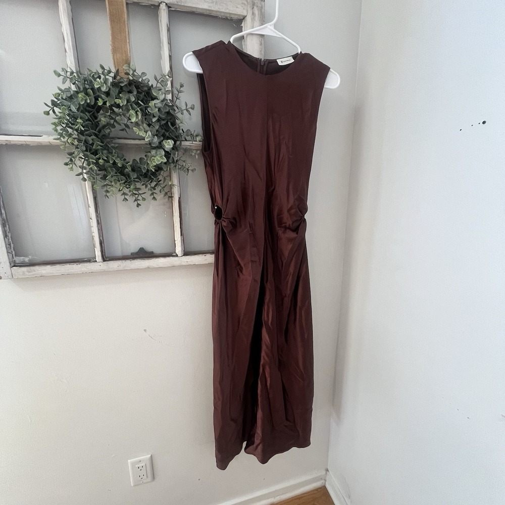 LilySilk $249 Mulberry Silk Chocolate A Line Dress Cut‎ Metal Ring Size 6 - Picture 7 of 14